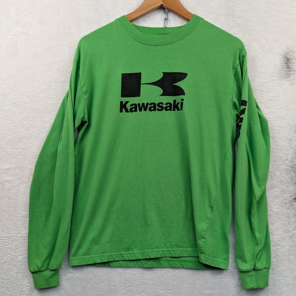 VTG Kawasaki T-Shirt Men's Medium Green Long Sleeve Biker Moto Streetwear Y2K
